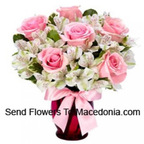 Beautiful Pink Roses and White Alstroemeria