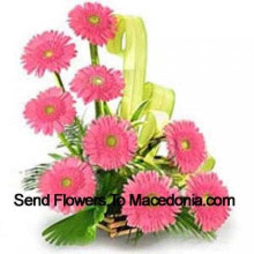 Basket Containing 9 Pink Gerberas